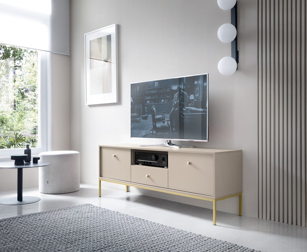 Зображення з  Тумба під телевізор Perfect Home Моно / Mono 2-дверна з 1 шухлядою та золотими ніжками MRTV154 Беж пісочний