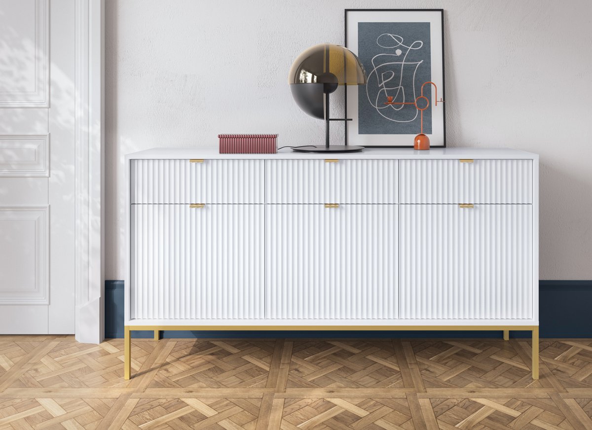 Зображення з  Комод Perfect Home Нова / Nova 3-дверний з 3 шухлядами і золотими ніжками KSZ154 Білий