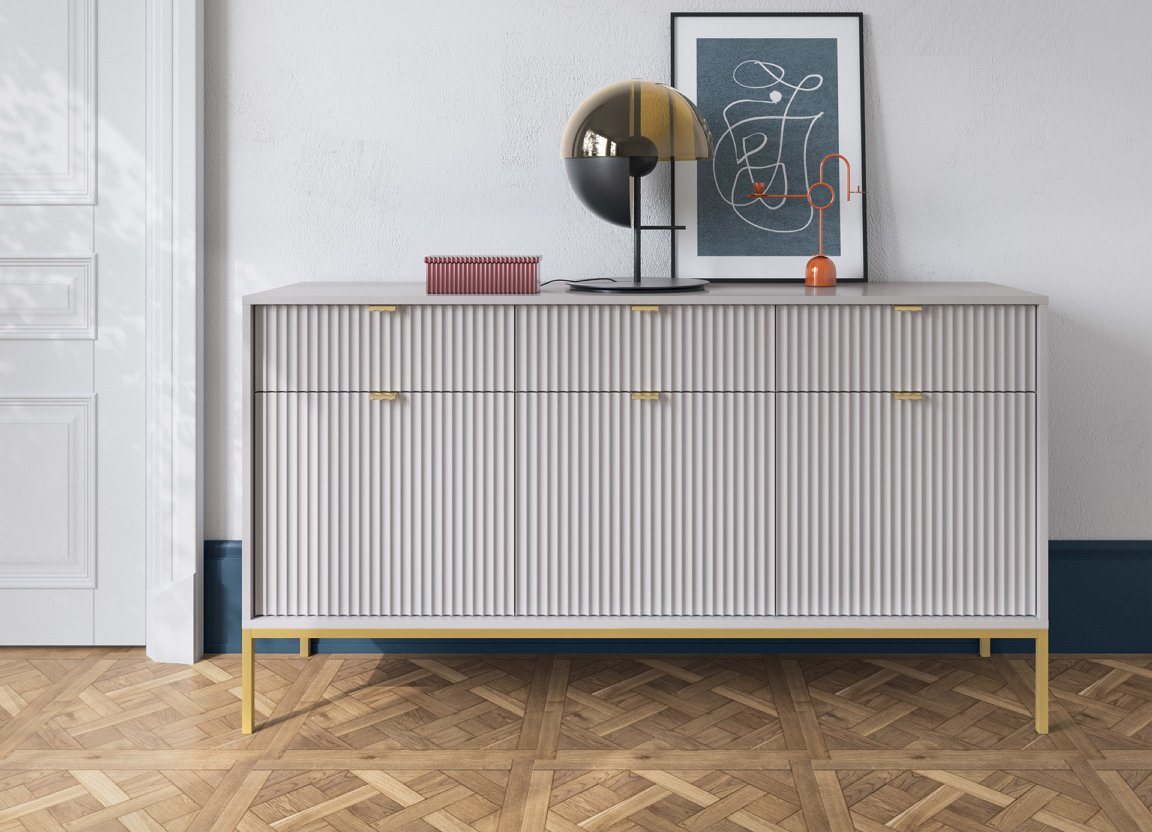 Зображення з  Комод Perfect Home Нова / Nova 3-дверний з 3 шухлядами і золотими ніжками KSZ154 Сірий