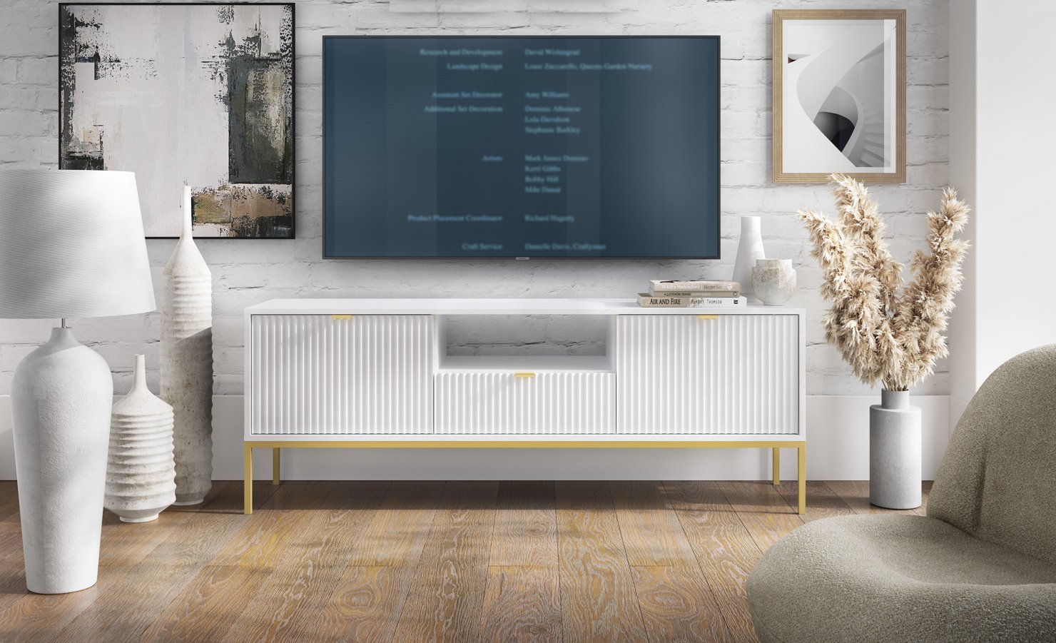 Зображення з  Тумба під телевізор Perfect Home Нова / Nova 2-дверна з 1 шухлядою і золотими ніжками RTV154 Білий