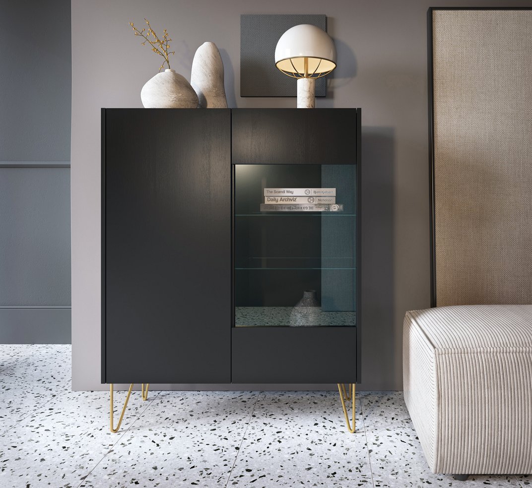 Зображення з  Вітрина Perfect Home Гармоні / Harmony 2-дверна з золотими ніжками WT97 Чорний/чорний мармур роял