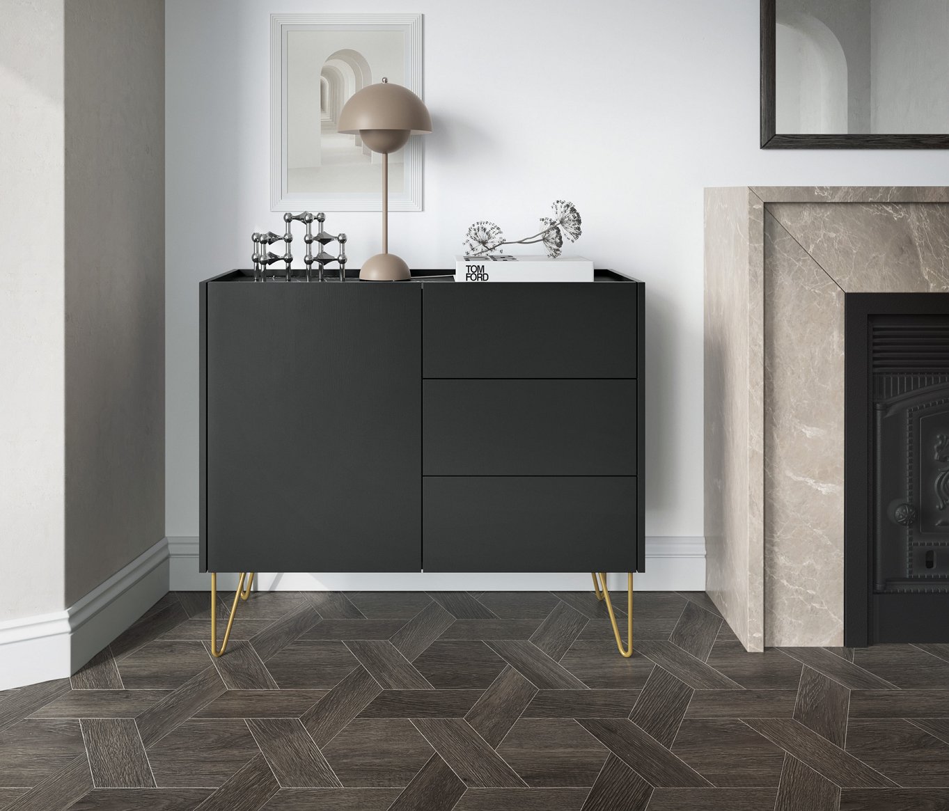 Зображення з  Комод Perfect Home Гармони / Harmony 1-дверний з 3 шухлядами і золотими ніжками KSZ97 Чорний/чорний мармур роял