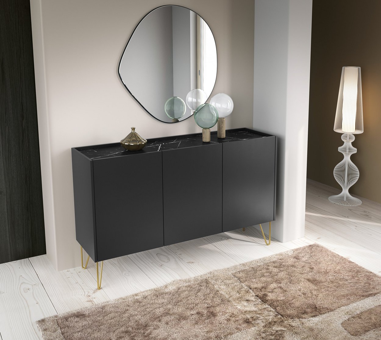 Зображення з  Комод Perfect Home Гармони / Harmony 3-дверний з золотими ніжками K144 Чорний/чорний мармур роял