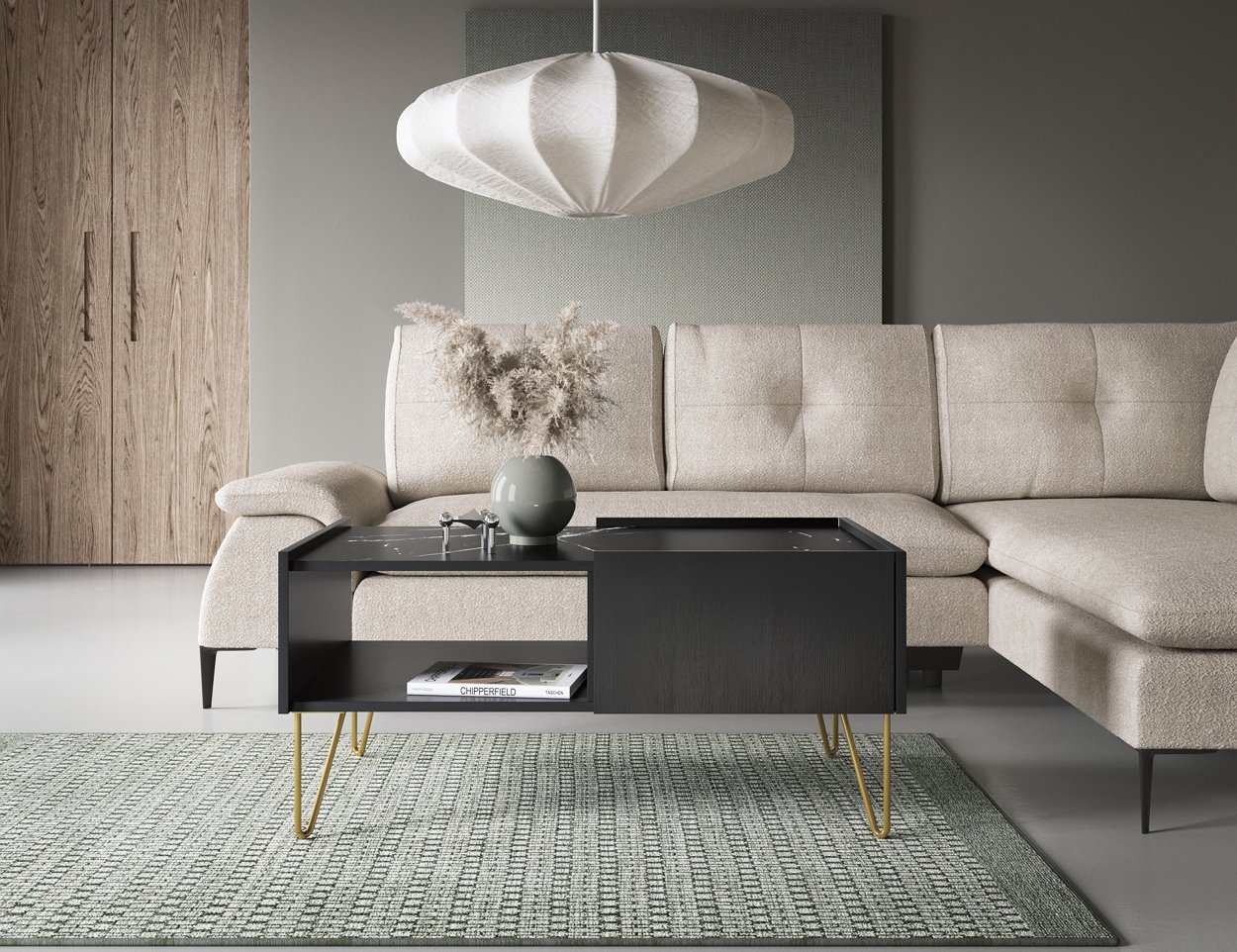 Зображення з  Стіл журнальний Perfect Home Гармоні / Harmony з 2 ящиками та золотими ніжками L97 Чорний/чорний мармур роял