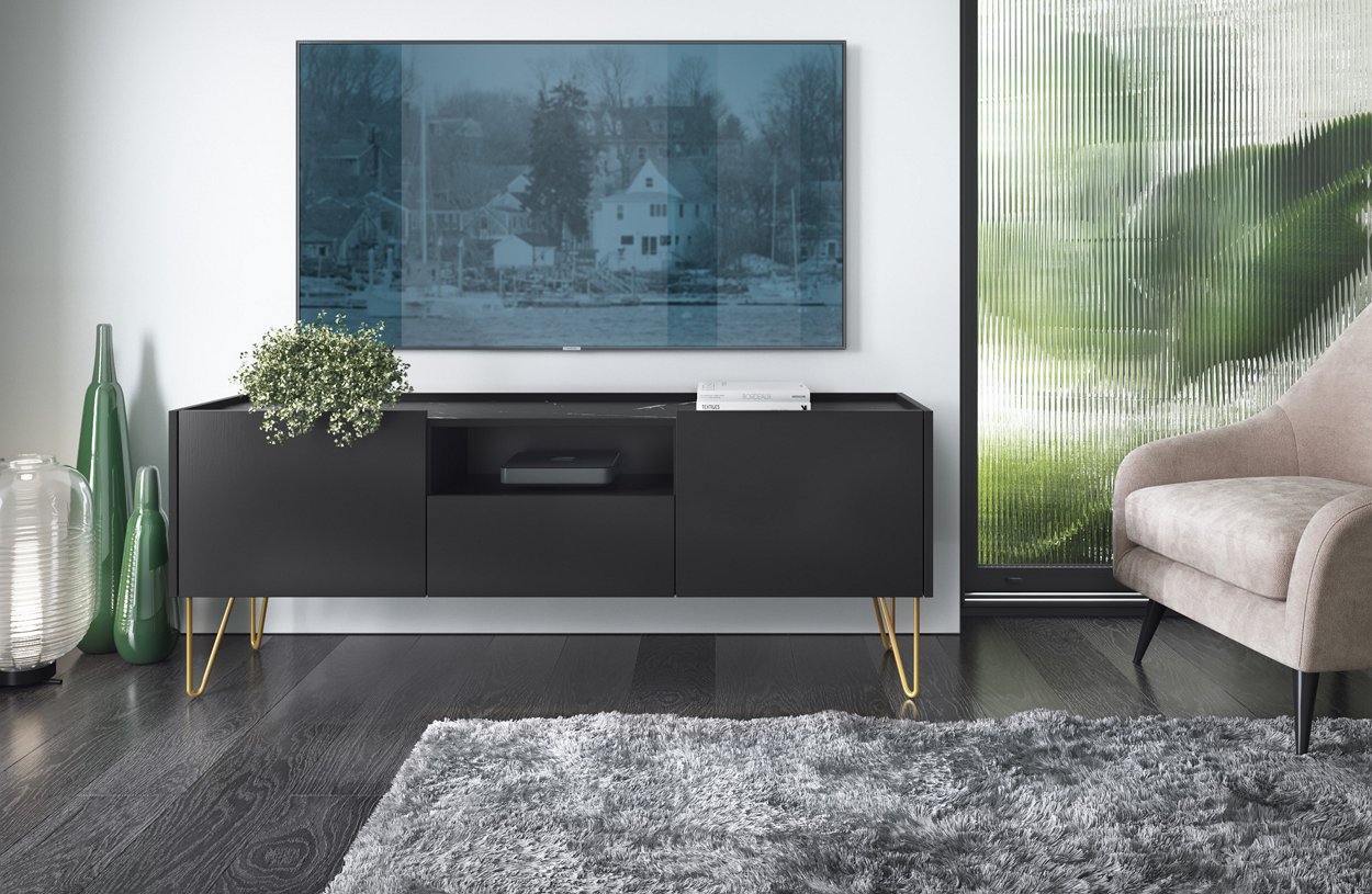 Зображення з  Тумба під телевізор Perfect Home Гармони / Harmony 1-дверна з 2 шухлядами і золотими ніжками RTV144 Чорний/чорний мармур роял