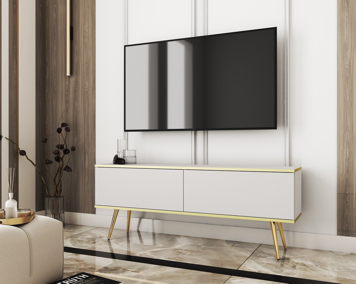 Зображення з  Тумба під телевізор Perfect Home Оро / Oro 2-дверна з золотими ніжками RTV135 Білий
