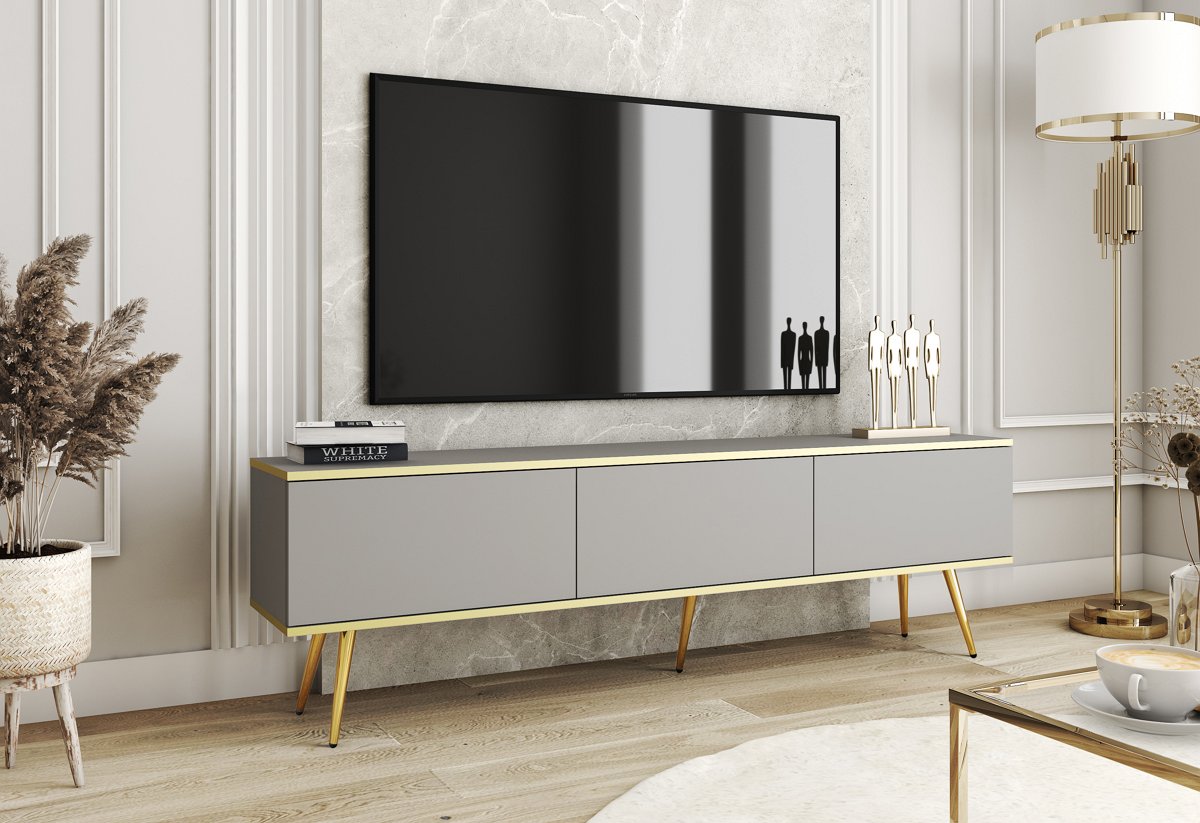 Зображення з  Тумба під телевізор Perfect Home Оро / Oro 3-дверна з золотими ніжками RTV175 Сірий