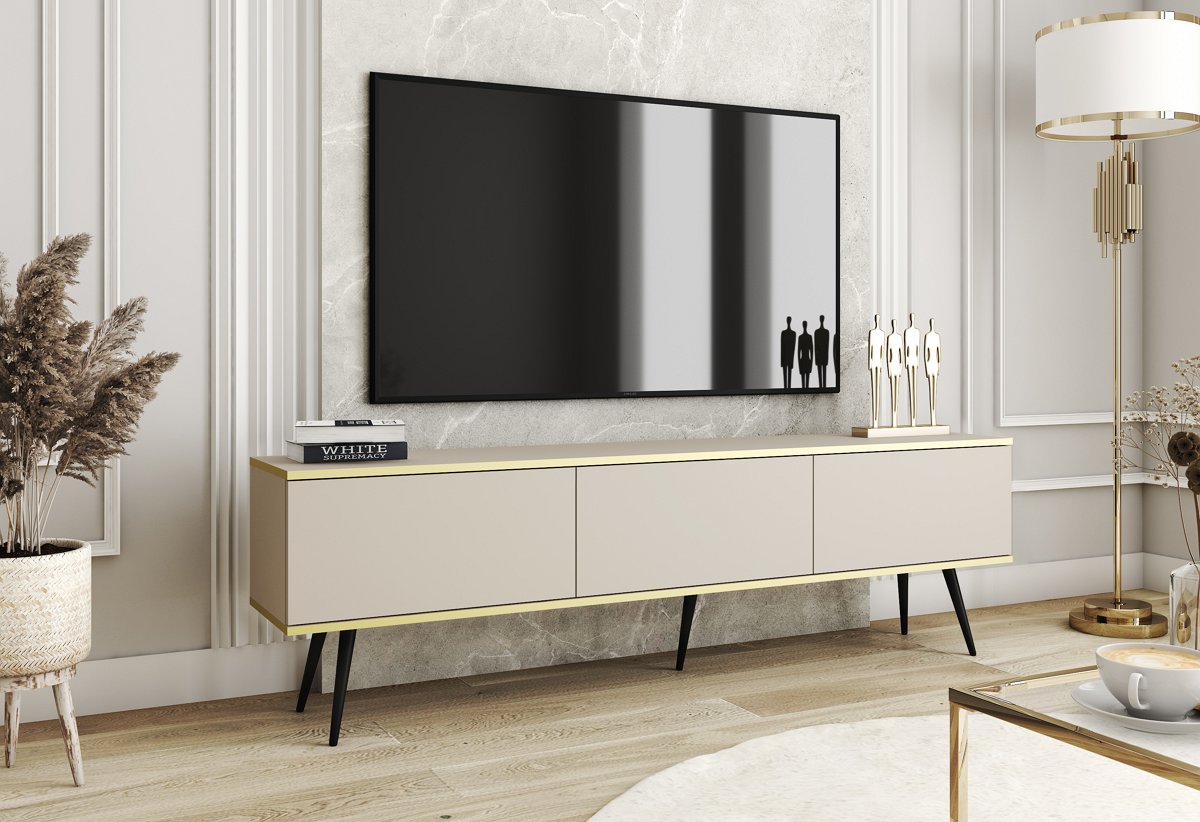 Зображення з  Тумба під телевізор Perfect Home Оро / Oro 3-дверна з чорними ніжками RTV175 Бежевий