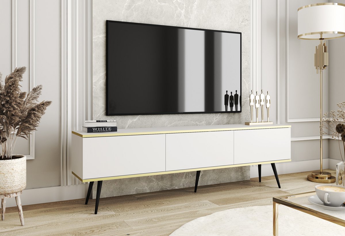 Зображення з  Тумба під телевізор Perfect Home Оро / Oro 3-дверна з чорними ніжками RTV175 Білий