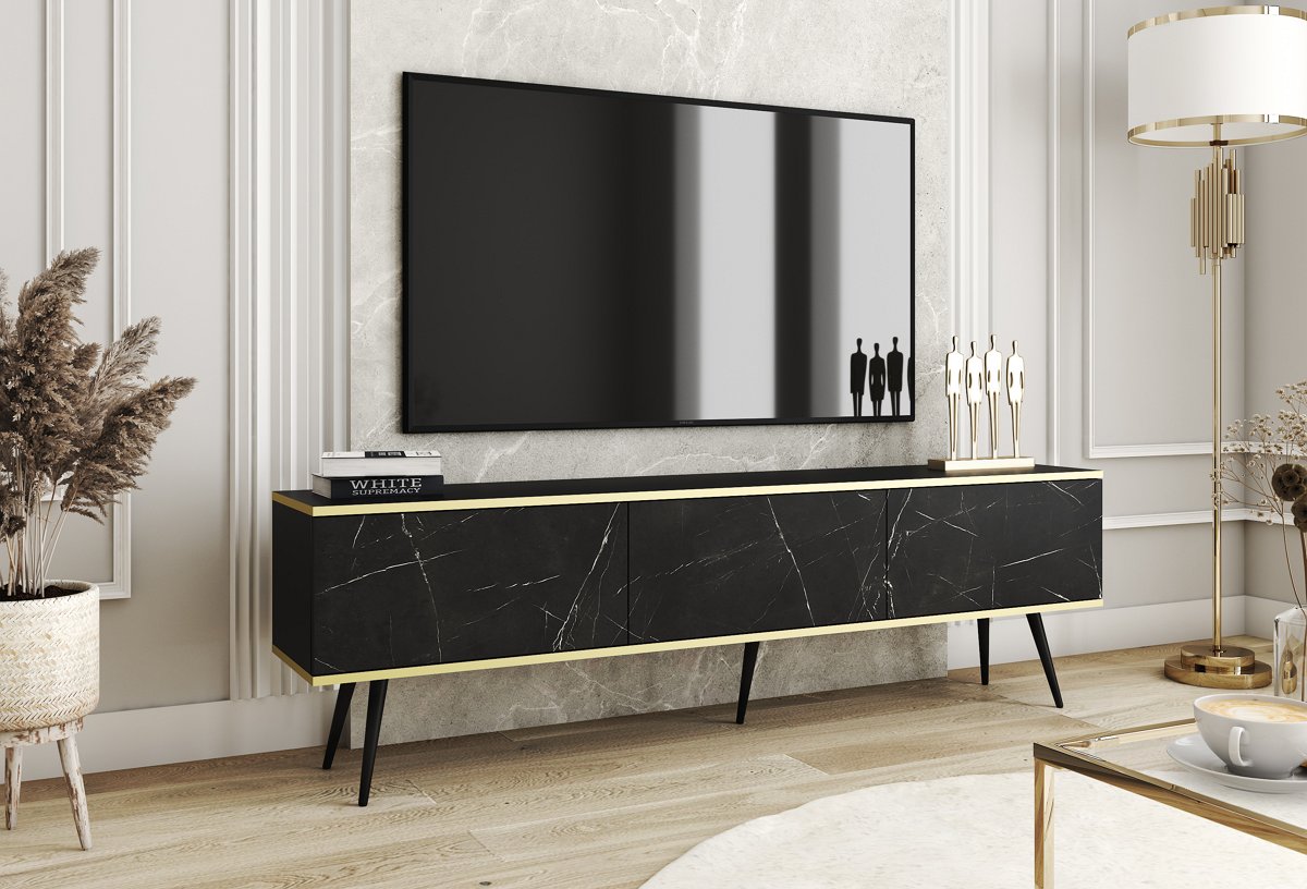 Зображення з  Тумба під телевізор Perfect Home Оро / Oro 3-дверна з чорними ніжками RTV175 Чорний мармур роял