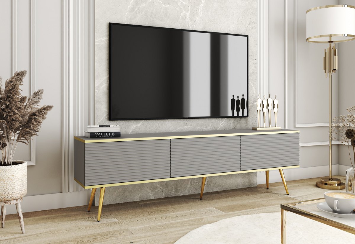 Зображення з  Тумба під телевізор Perfect Home Оро / Oro 3-дверна з золотими ніжками RTV175 MDF Сірий