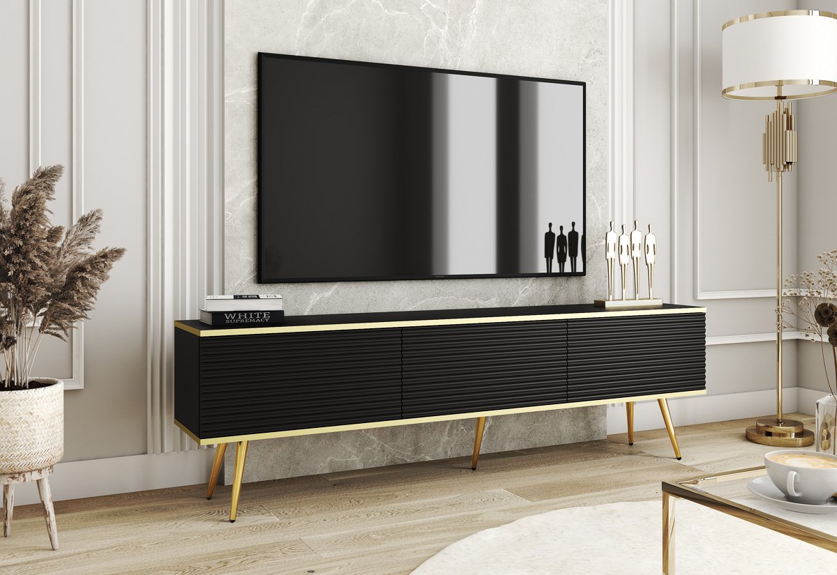 Зображення з  Тумба під телевізор Perfect Home Оро / Oro 3-дверна з золотими ніжками RTV175 MDF Чорний