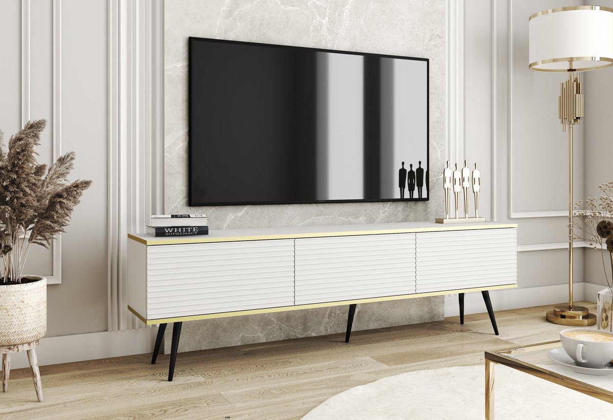 Зображення з  Тумба під телевізор Perfect Home Оро / Oro 3-дверна з чорними ніжками RTV175 MDF Білий