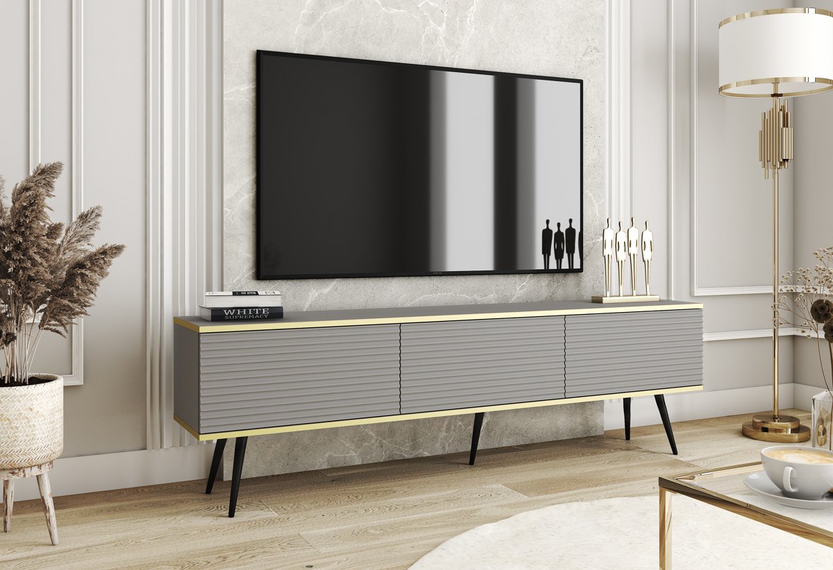 Зображення з  Тумба під телевізор Perfect Home Оро / Oro 3-дверна з чорними ніжками RTV175 MDF Сірий