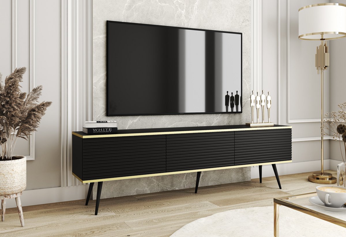 Зображення з  Тумба під телевізор Perfect Home Оро / Oro 3-дверна з чорними ніжками RTV175 MDF Чорний