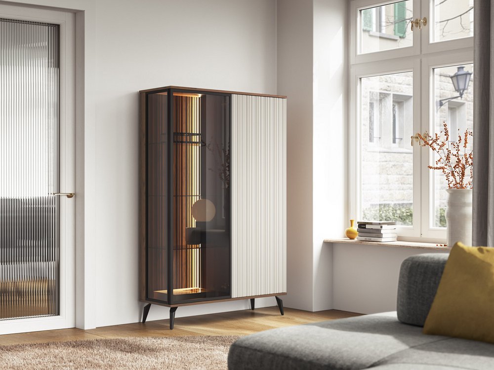 Зображення з  Вітрина висока з підсвіткою Вічі / Vici WT103 2-дверна Горіх/кашемір Perfect Home Польща