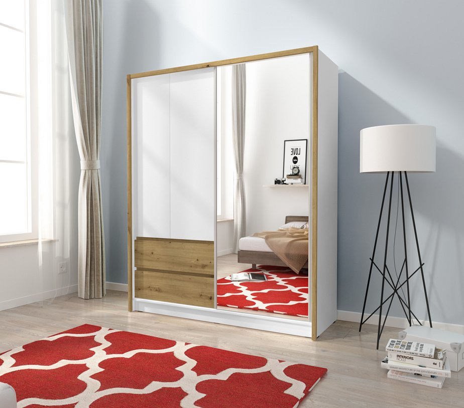 Зображення з  Шафа напівкупе для одягу Perfect Home Сара / Sara 150 3-дверна з дзеркалом Білий/дуб артизан