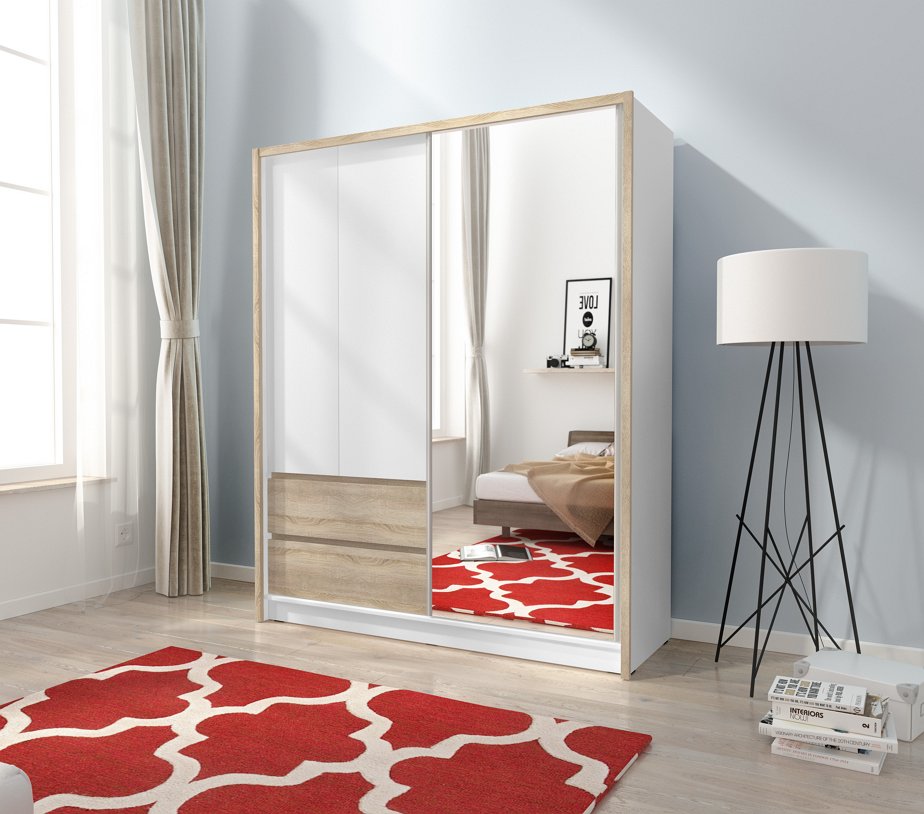 Зображення з  Шафа напівкупе для одягу Perfect Home Сара / Sara 150 3-дверна з дзеркалом Білий/дуб сонома