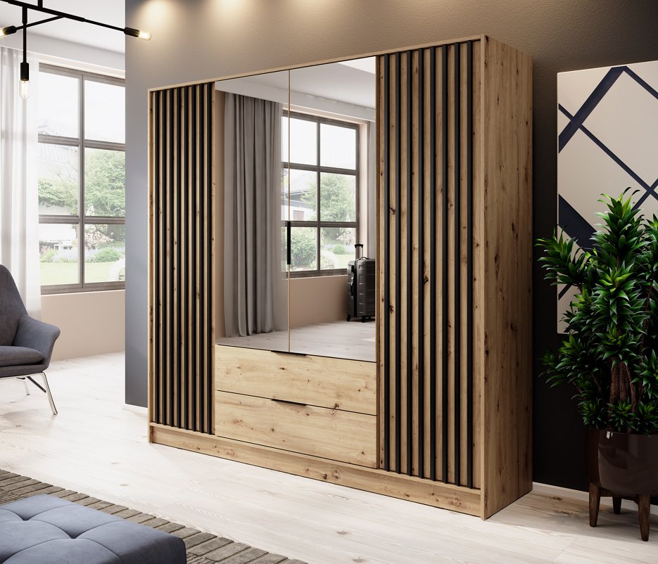 Зображення з  Шафа для одягу Perfect Home Неллі / Nelly 4D 4-дверна з дзеркалом Дуб артизан/чорний