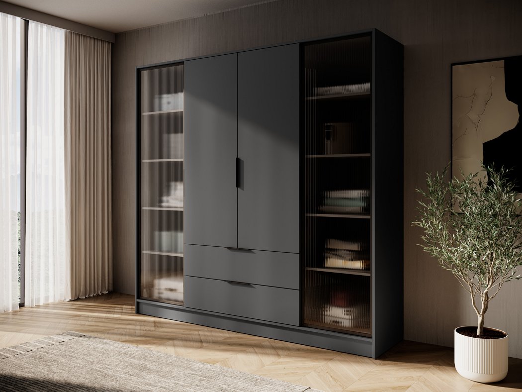 Зображення з  Гардеробна / шафа для одягу Perfect Home Келлі / Kelly 4DRD 4-дверна з боковими прозорими дверцятами Графіт