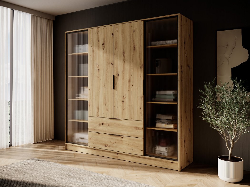 Зображення з  Гардеробна / шафа для одягу Perfect Home Келлі / Kelly 4DRD 4-дверна з боковими прозорими дверцятами Дуб артизан