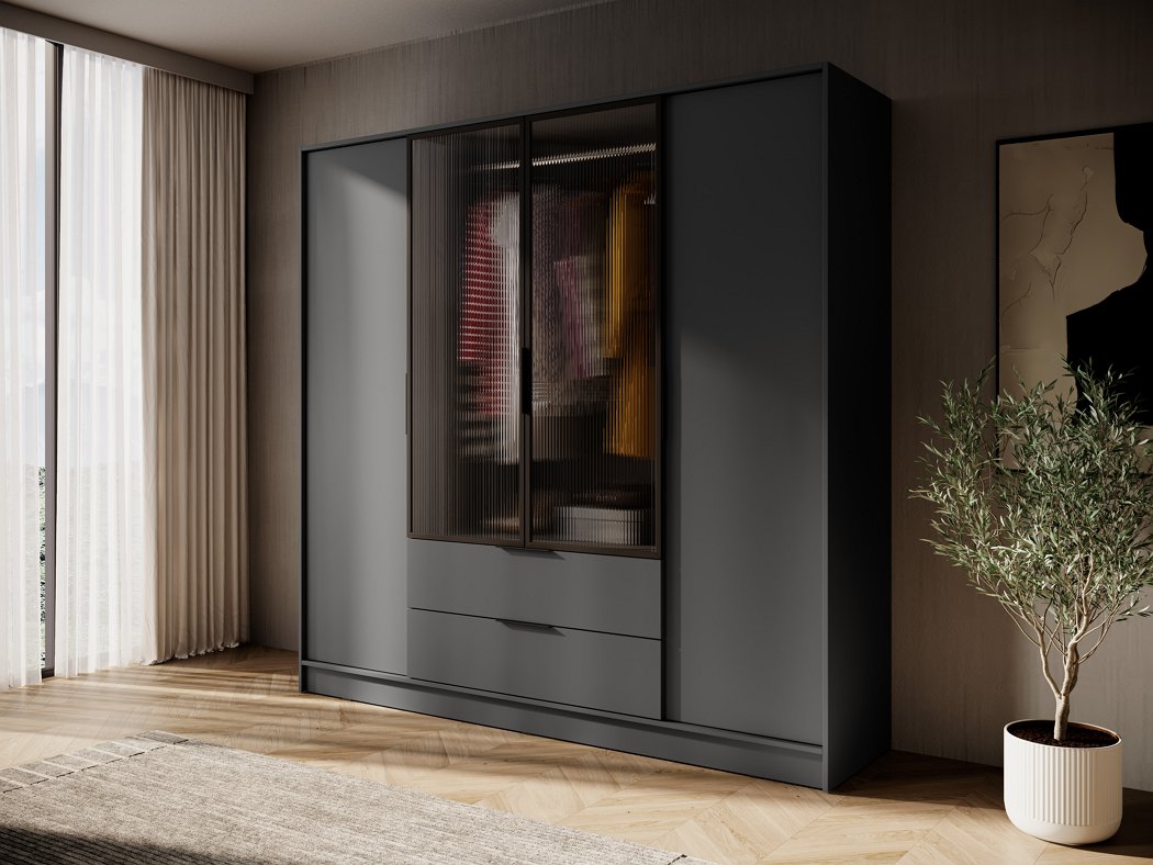 Зображення з  Гардеробна / шафа для одягу Perfect Home Келлі / Kelly 4DRM 4-дверна з центральними прозорими дверцятами та реєю Графіт