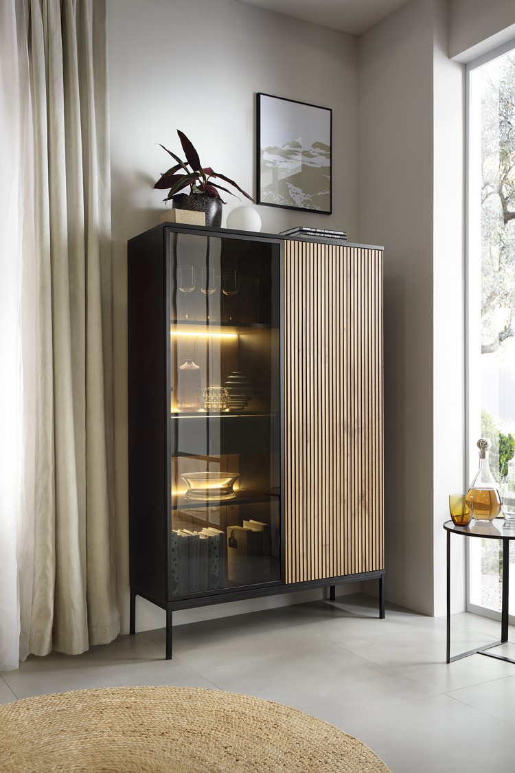 Зображення з  Вітрина висока з підсвіткою Perfect Home Сенто / Sento WTSZ104 2-дверна Чорний/дуб вотан